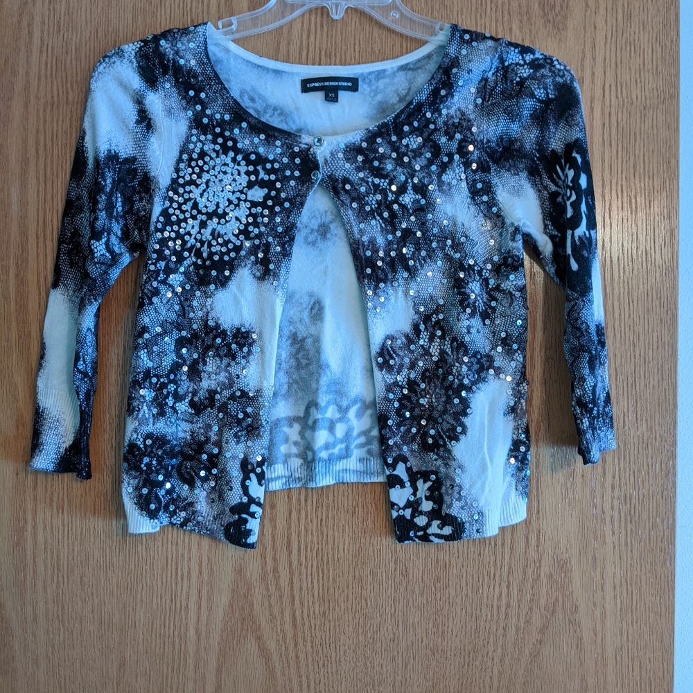 Express black and white sequin cardigan